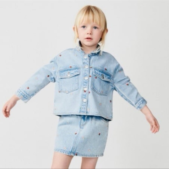 Zara Kids Embroidered Strawberry Denim Overshirt and Skirt...